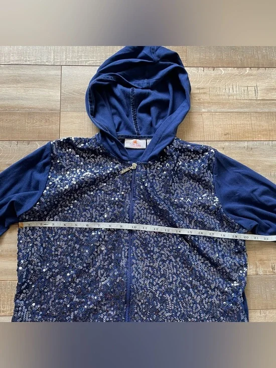 Quacker Factory women’s navy blue sequin sparkle front zip up hooded sweater - Picture 3 of 7